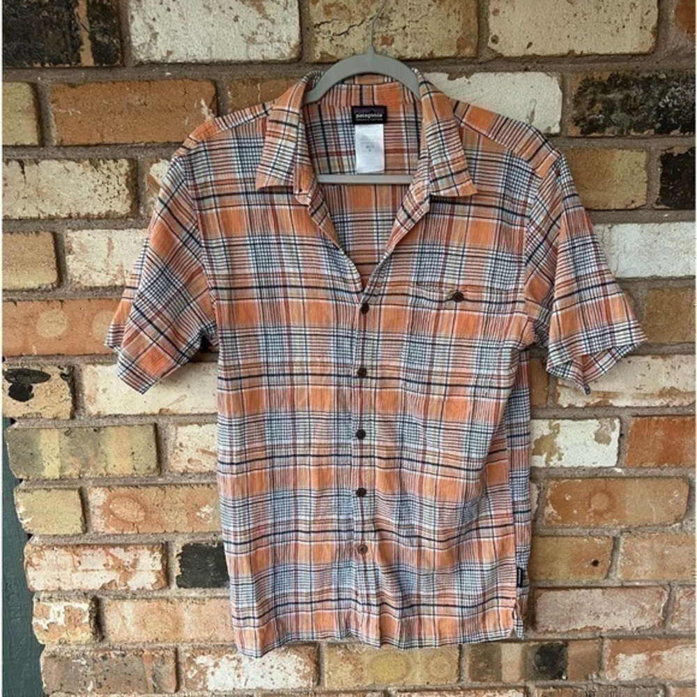 Patagonia Mens Button Front Shirt Orange Brown Plaid Pocket Organic Cotton